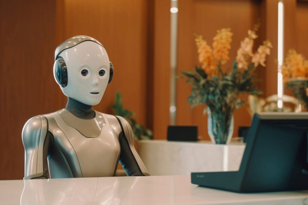 Hospitality trends showcase automation technology in modern hotel lobby with digital check-in kiosk