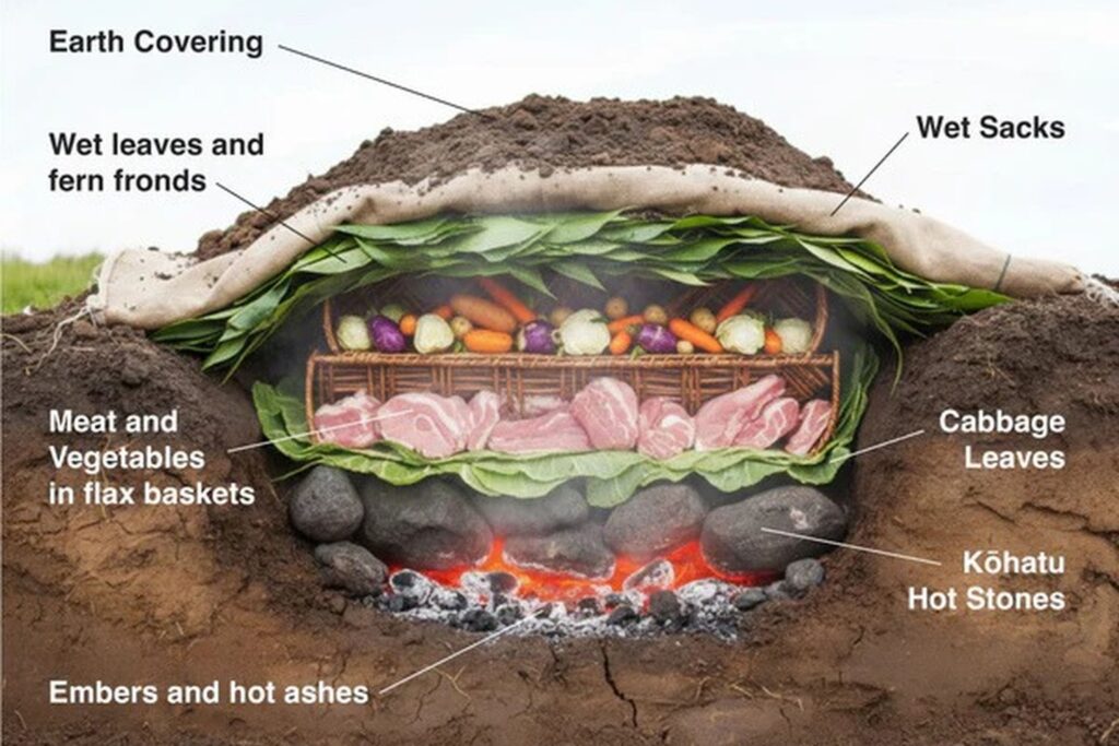Preparazione tradizionale della festa hangi Maori con vapore che sale dal forno di terra in Nuova Zelanda