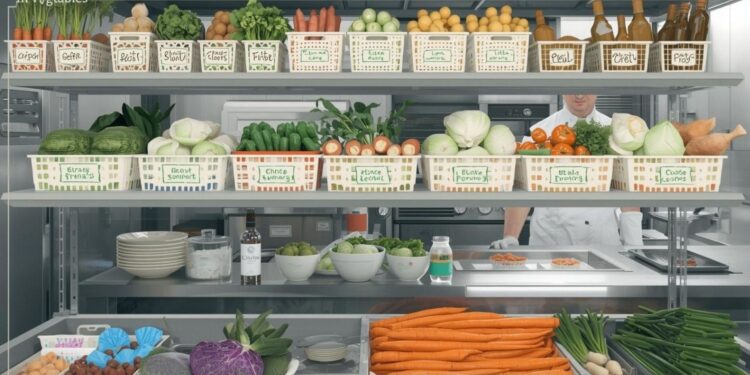 レストランの厨房で冬野菜を整理して保存するプロのシェフのヒント