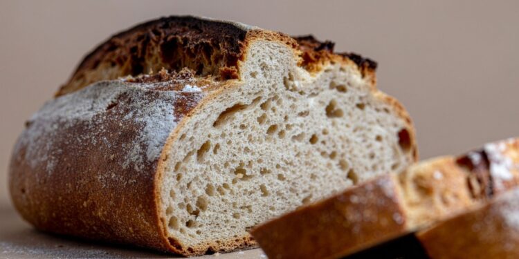 Artisan sourdough bread with crusty exterior demonstrating wild yeast fermentation home baking results