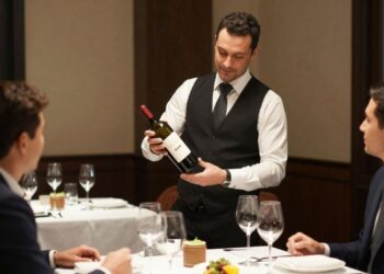 Restaurant wine program with professional sommelier presenting wine list and profitable bottle selection