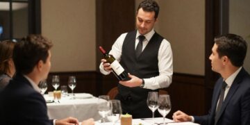 Restaurant wine program with professional sommelier presenting wine list and profitable bottle selection
