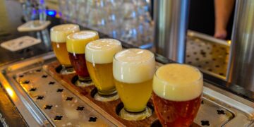 Beer workshop tasting flight with craft beer samples during beer workshop