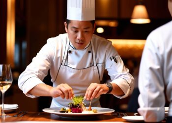 Restaurant chef plating a summer dish using fresh local seasonal ingredients