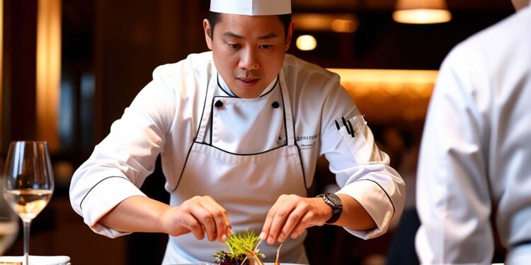 Restaurantkoch, der ein Sommergericht mit frischen, lokalen Saisongesprächen anrichtet