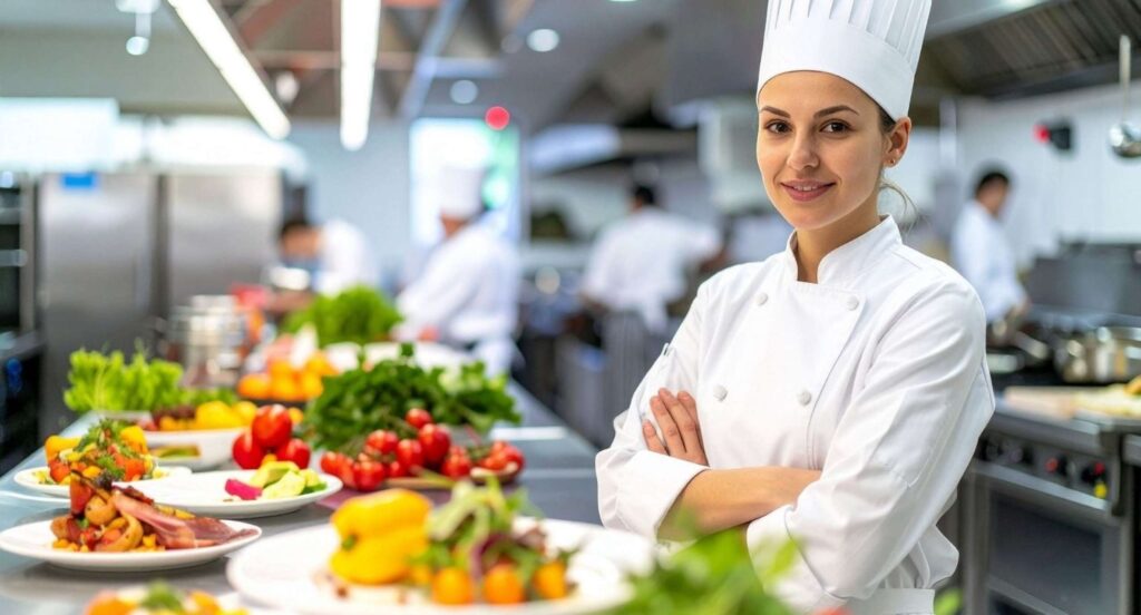 Vrouwelijke chef-kok in wit uniform en hoog koksmuts staat met gekruiste armen naast borden met kleurrijke gerechten in een drukke keuken.