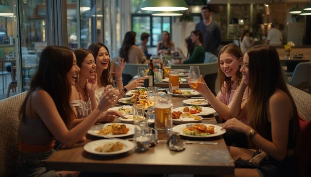 Groupe de six jeunes femmes autour d'une longue table de restaurant, riant et trinquant avec des verres tout en savourant un repas et une conversation.