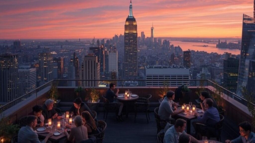 New Yorks Dachbars 2026 beste Frühlingsterrassen - GUSTOwebzine Dachrestaurant bei Sonnenuntergang mit Gästen an Tischen mit Blick auf eine Skyline mit hohen Gebäuden und Wasser in der Ferne.