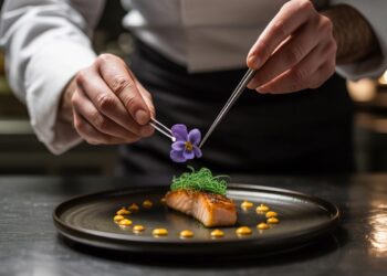 A pastry chef carefully plating an ube purple yam dessert with deep violet cream and fresh garnish in a professional kitchen