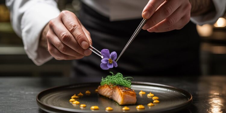 A pastry chef carefully plating an ube purple yam dessert with deep violet cream and fresh garnish in a professional kitchen