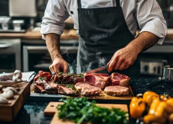A chef confidently preparing grilled mains over a live fire, pressing seasoned butterflied lamb onto a hot barbecue grill