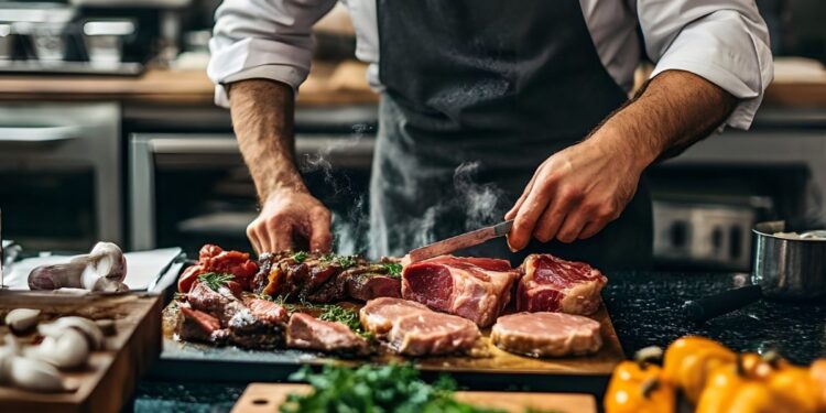 A chef confidently preparing grilled mains over a live fire, pressing seasoned butterflied lamb onto a hot barbecue grill