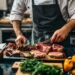 A chef confidently preparing grilled mains over a live fire, pressing seasoned butterflied lamb onto a hot barbecue grill