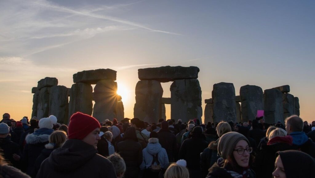 Crowd gathered at Stonehenge during sunset, with sunlight peeking through the stones in the background.