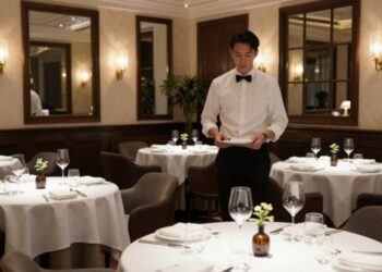 A waiter in a white shirt and black bow tie stands at a table in an elegant restaurant, checking a menu or notepad.