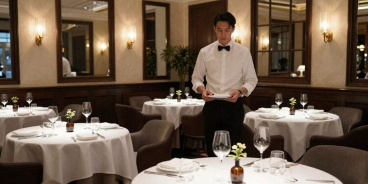 A waiter in a white shirt and black bow tie stands at a table in an elegant restaurant, checking a menu or notepad.