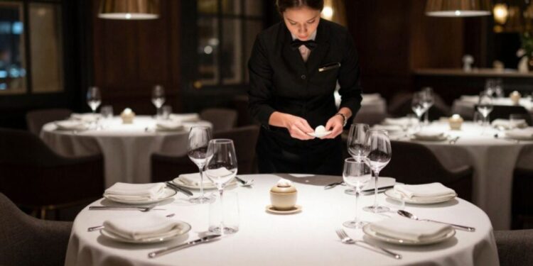 Waiter in a black uniform arranges a formal dining table with wine glasses and white plates.