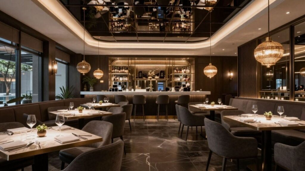 Sala da pranzo di ristorante di lusso con tavoli in legno, sedie grigie e illuminazione a sospensione che si affaccia su un'area bar.