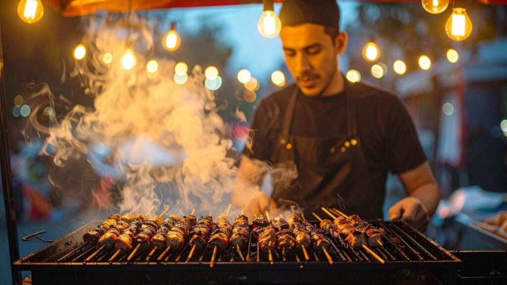 Street food vendor grilling meat skewers on a smoky barbecue with warm string lights overhead at dusk.",