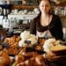 Female bakery worker stands behind a glass display filled with croissants and pastries in a café.