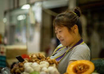 Market vendor, a woman in a striped shirt looking at her phone while standing near piles of produce including garlic and ginger in a busy market stall.