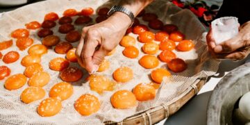 baker-pressing-apricots-into-tart-unsplash - GUSTOwebzine A pastry chef arranging halved apricots into a frangipane tart shell, showcasing the craft of stone fruit dessert preparation