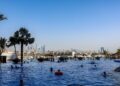 Beach clubs in Dubai worth joining - GUSTOwebzine People swimming in a large outdoor pool with palm trees and a distant city skyline under a clear blue sky.