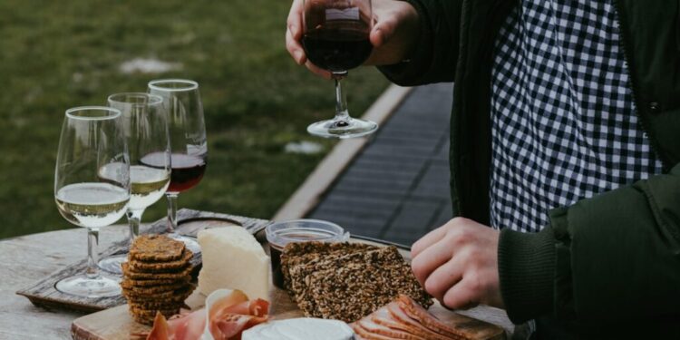 Person in grüner Jacke und kariertem Hemd hält ein Glas Rotwein über ein Holzbrett mit Käse, Crackern, Brot und Aufschnitt im Freien.