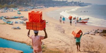 Coastal cuisine Indias most underrated seafood - GUSTOwebzine People carrying red plastic crates on a sandy beach with boats along the shore under a sunny sky.