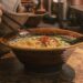 A bowl of ramen on a marble table, greens and red chili threads on top, with chopsticks lifting noodles and a spoon resting in the bowl.