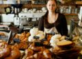 Gluten-free bakeries NYC eat well - GUSTOwebzine Female bakery worker in a brown shirt and apron stands behind a glass display filled with croissants and pastries.