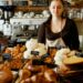 Female bakery worker in a brown shirt and apron stands behind a glass display filled with croissants and pastries.