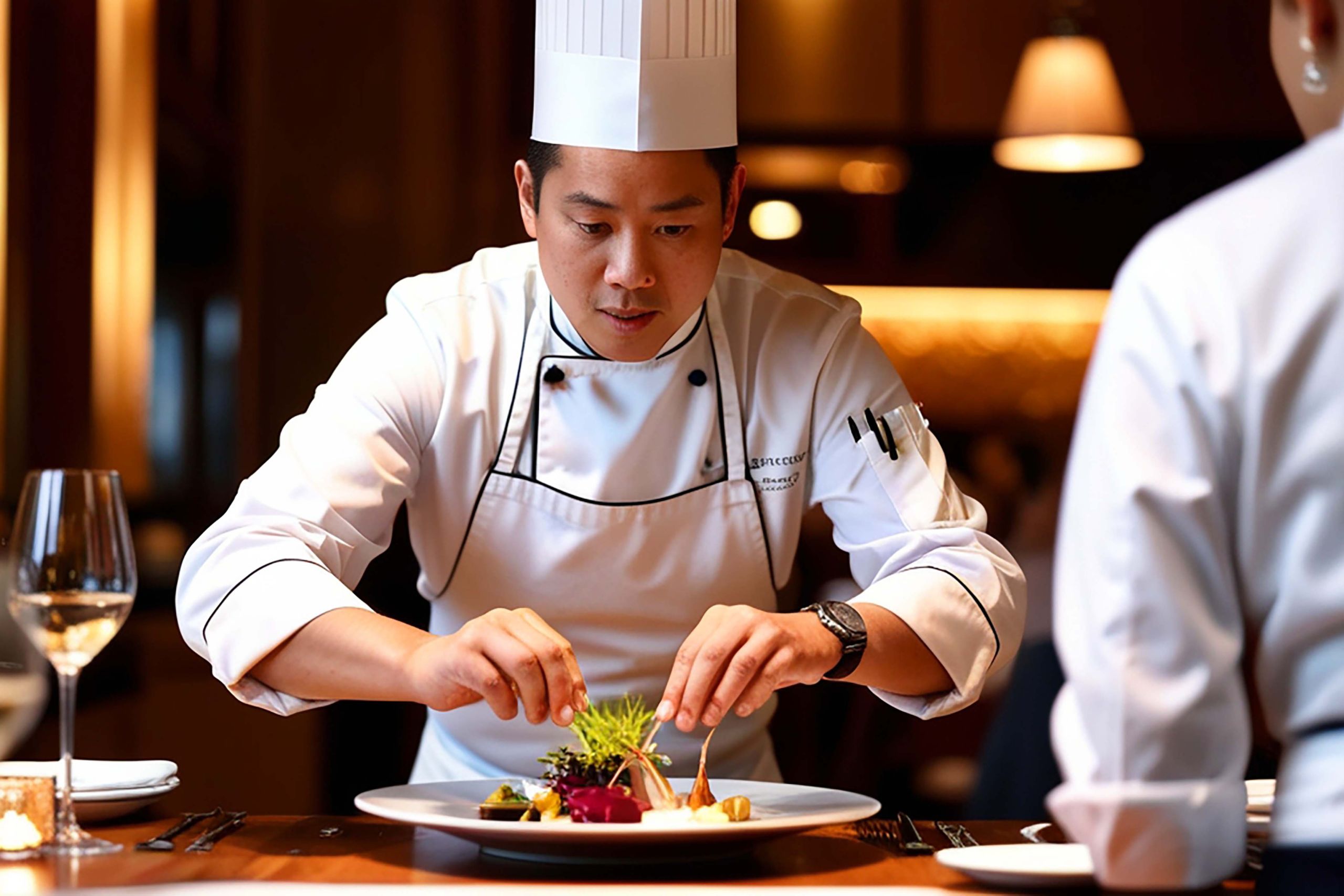 Chef del ristorante che impiatta un piatto estivo utilizzando ingredienti locali freschi di stagione