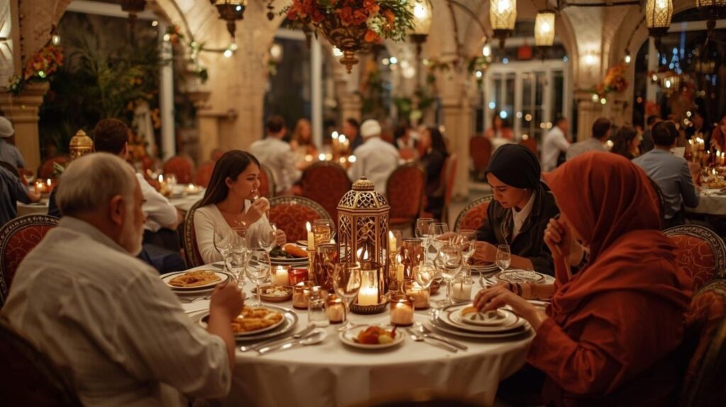 Um grupo de diversos clientes desfrutando de uma mesa de restaurante à luz de velas com uma lanterna ornamentada como peça central.