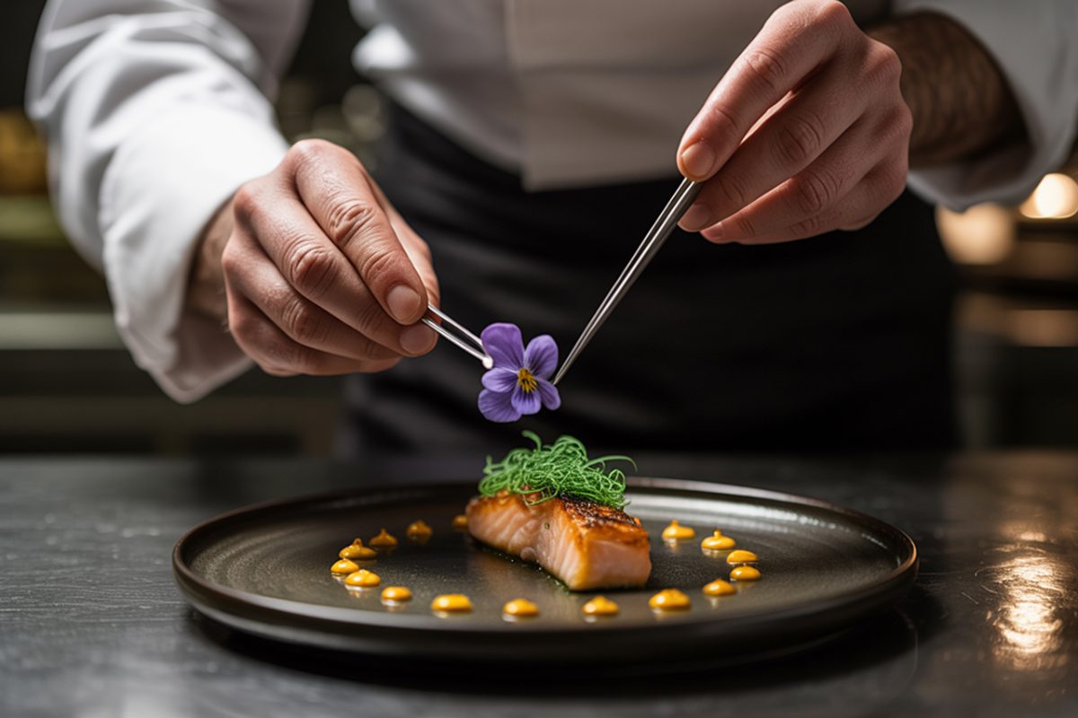 Une pâtissière dressant soigneusement un dessert d'ube à la patate douce violette avec une crème violet profond et une garniture fraîche dans une cuisine professionnelle