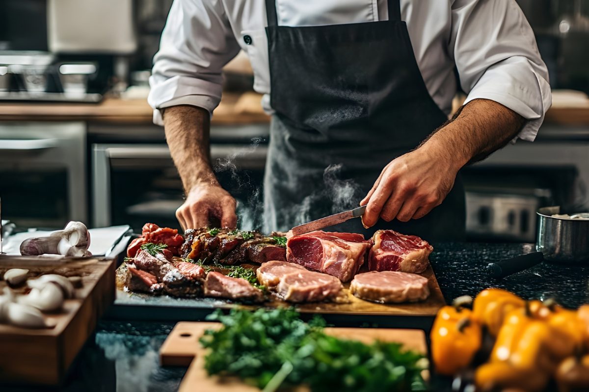 Un chef préparant avec assurance des plats grillés principaux sur un feu vif, pressant de l'agneau papillon assaisonné sur un grill barbecue brûlant