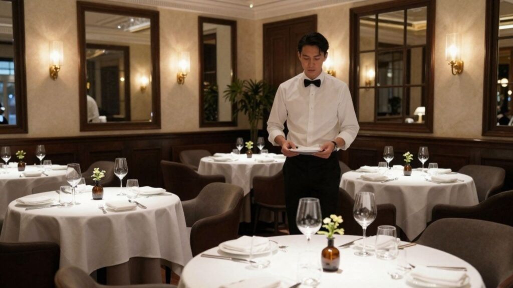 Un cameriere in una camicia bianca e una cravatta nera a farfalla sta al tavolo in un elegante ristorante, controllando un menu o un blocco note.