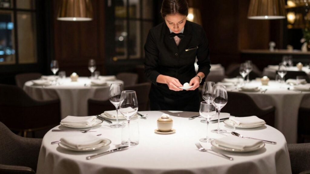 Un cameriere in una divisa nera sistema un tavolo di cena formale con bicchieri di vino e piatti bianchi.